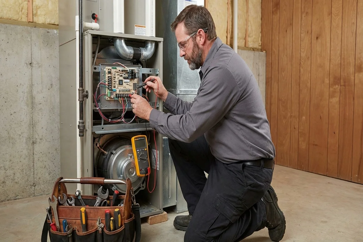 Air Express technician repairing furnace
