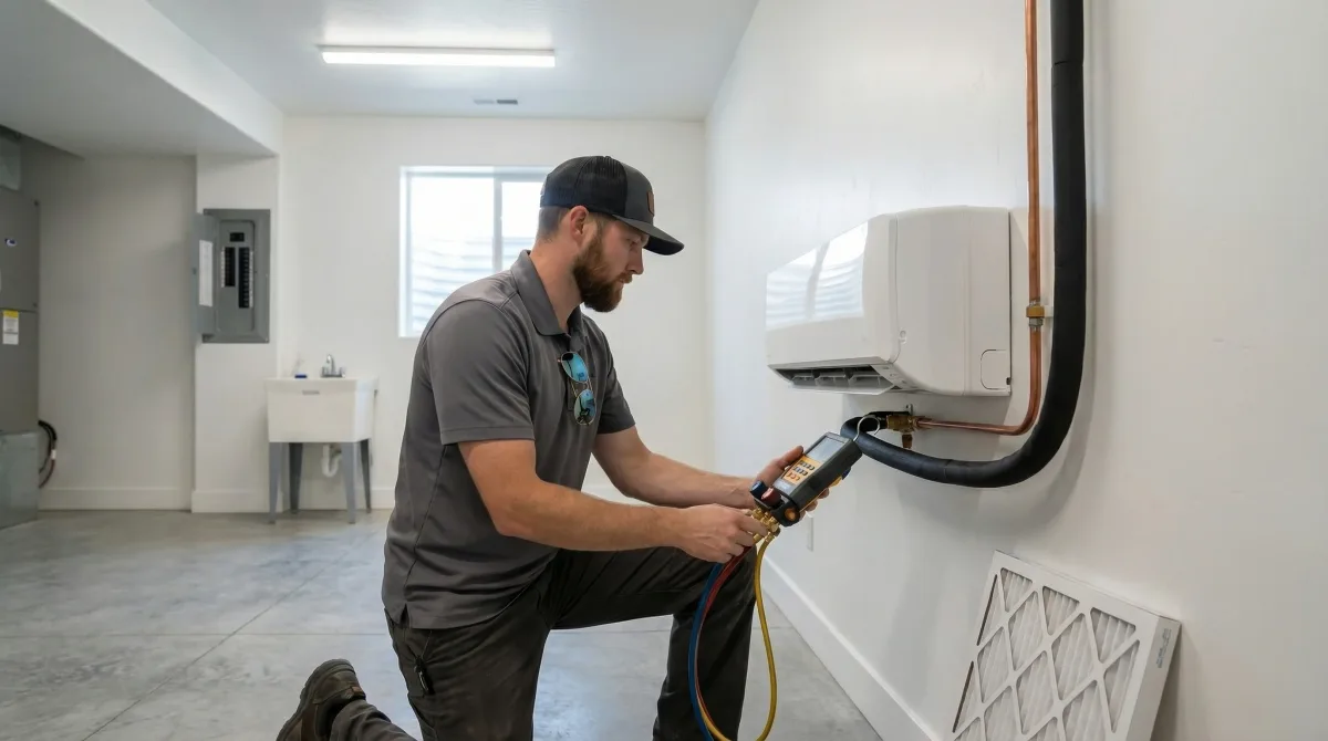 Air Express technician connecting a manifold gauge to a ductless heat-pump indoor head unit in a clean Utah utility room