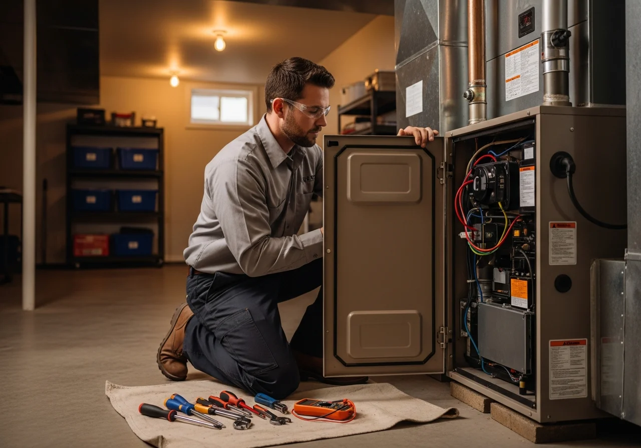 HVAC technician servicing furnace in Utah home