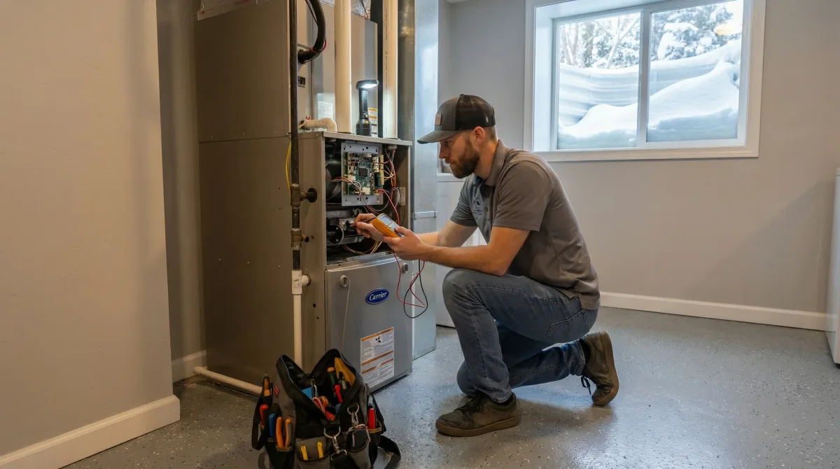Air Express HVAC technician troubleshooting a Carrier furnace in a Utah residential basement during winter
